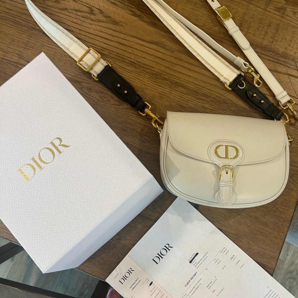 Dior white Cream Leather Crossbody Bag with Black Accents Bobby